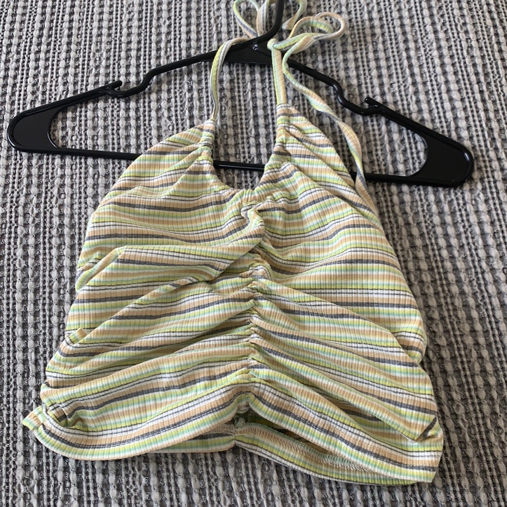 Tie scrunched stripped halter top